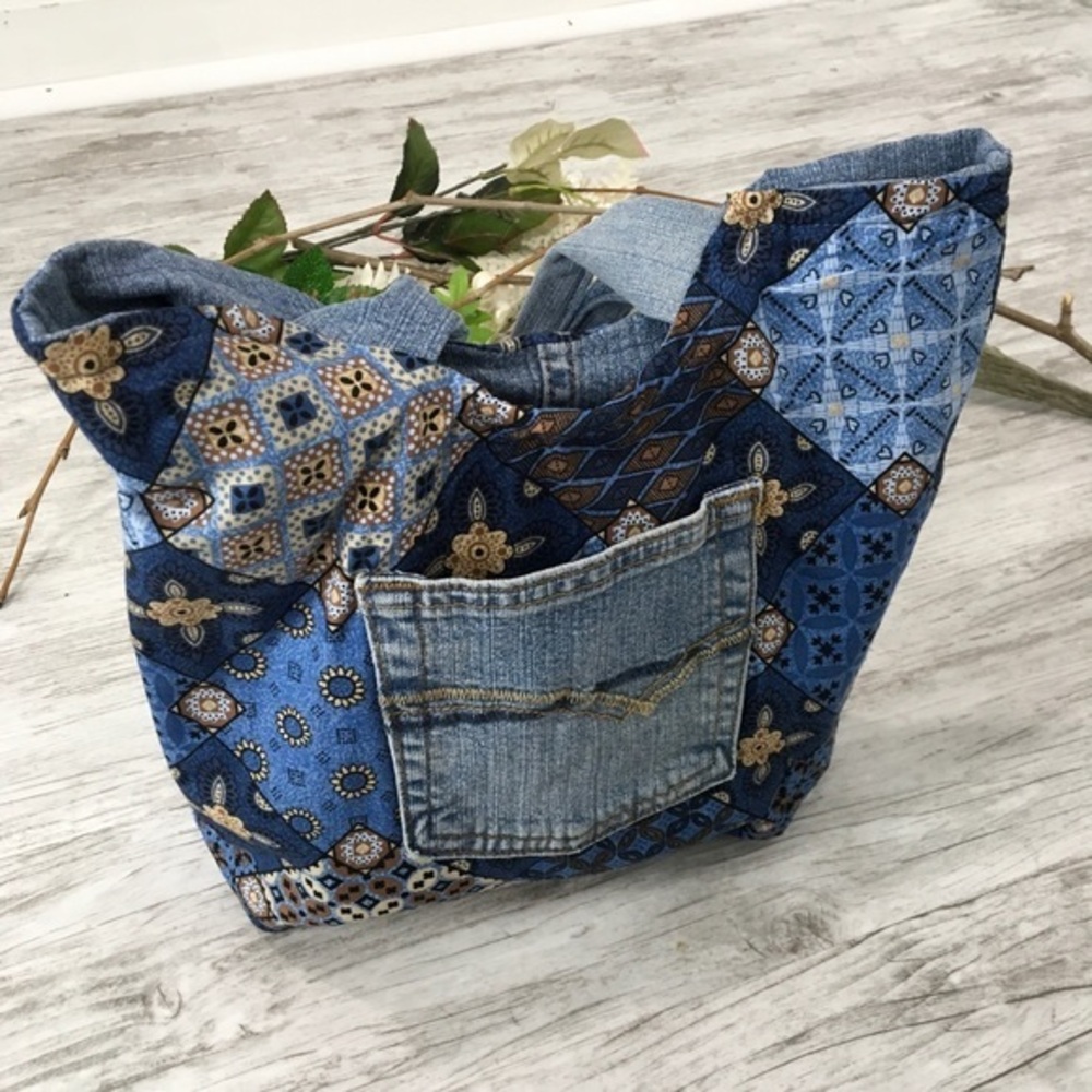 Boho Hippie Patchwork Denim Blue Jean Hand Bag Handmade Print Fabric Purse